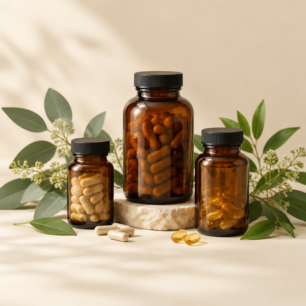 Supplement bottles with botanical accents