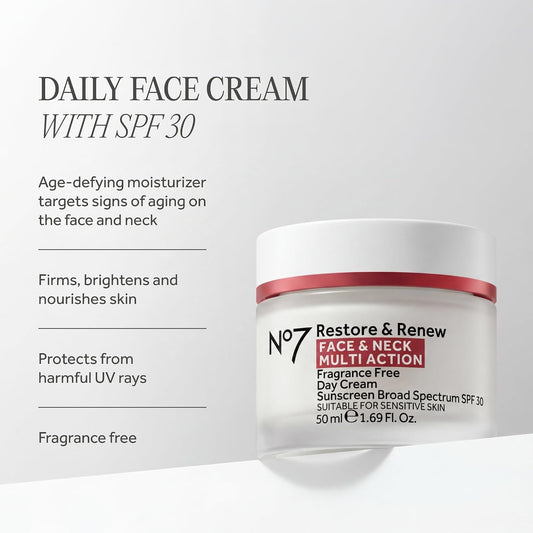 No7 Restore & Renew Face & Neck Day Cream SPF 30 – Hyaluronic Acid