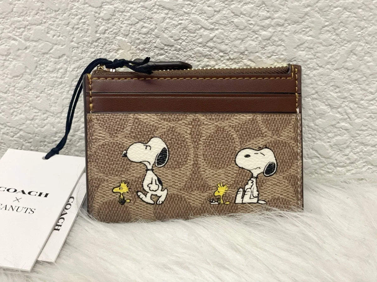 Coach X Peanuts Mini Skinny ID Case Signature Canvas Snoopy CBT14 NWT