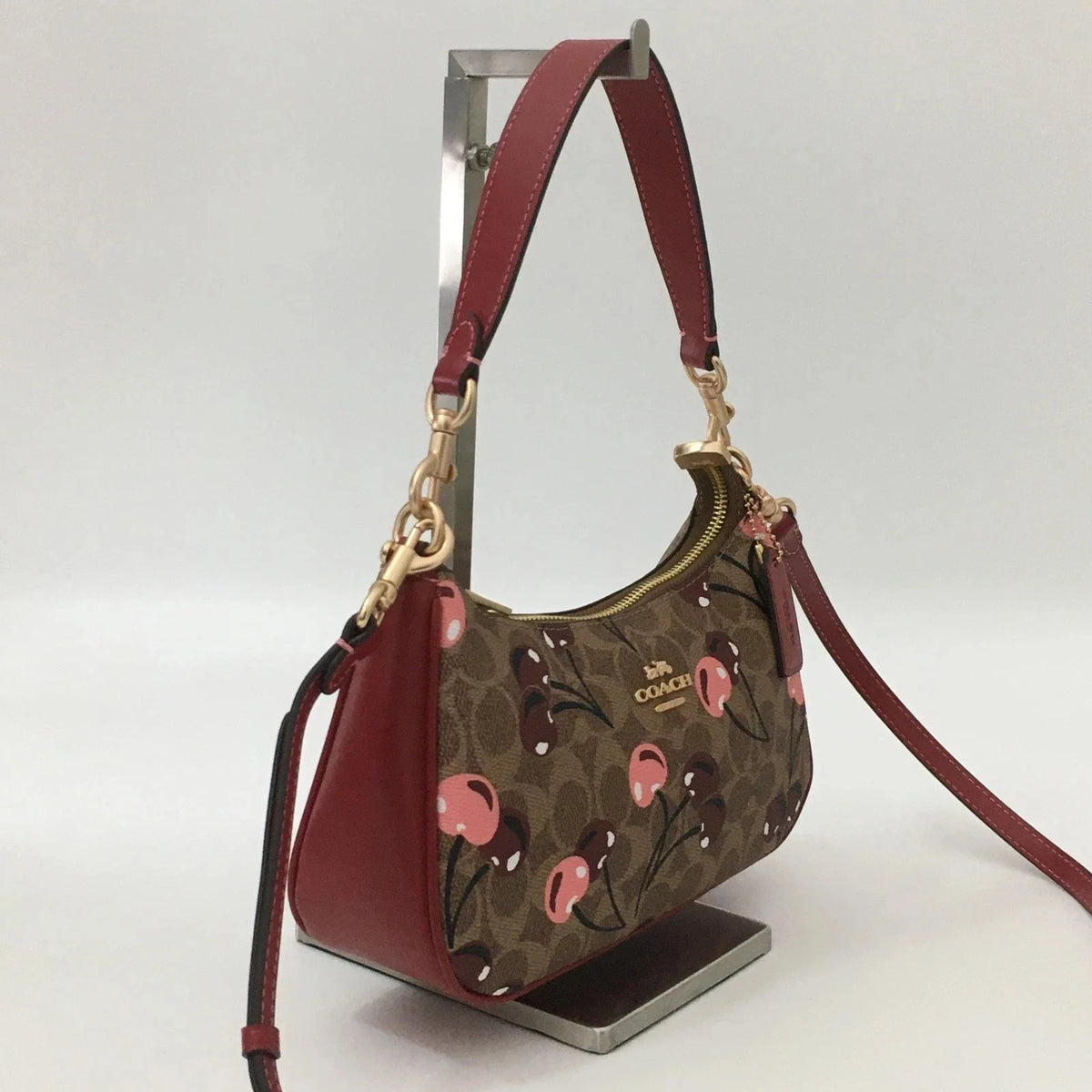 Coach Teri Shoulder Bag CY694 Signature Canvas Cherry Print Tan Brown NWT