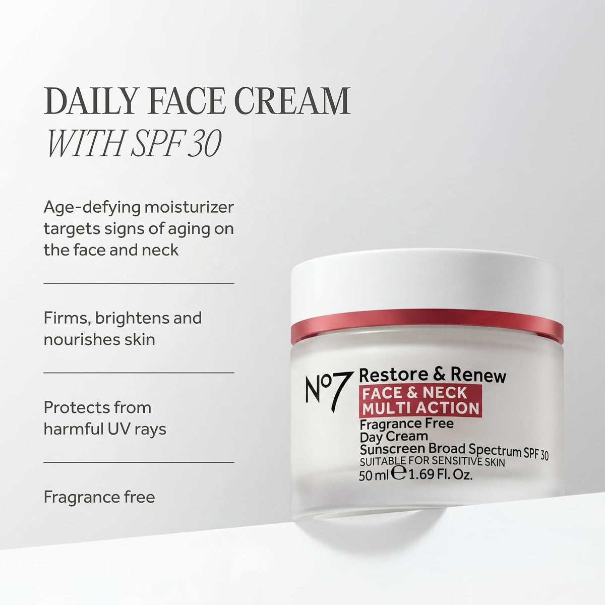 No7 Restore & Renew Face & Neck Day Cream SPF 30 – Hyaluronic Acid