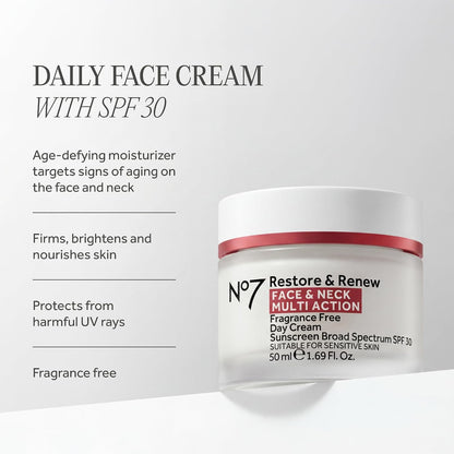No7 Restore & Renew Face & Neck Day Cream SPF 30 – Hyaluronic Acid