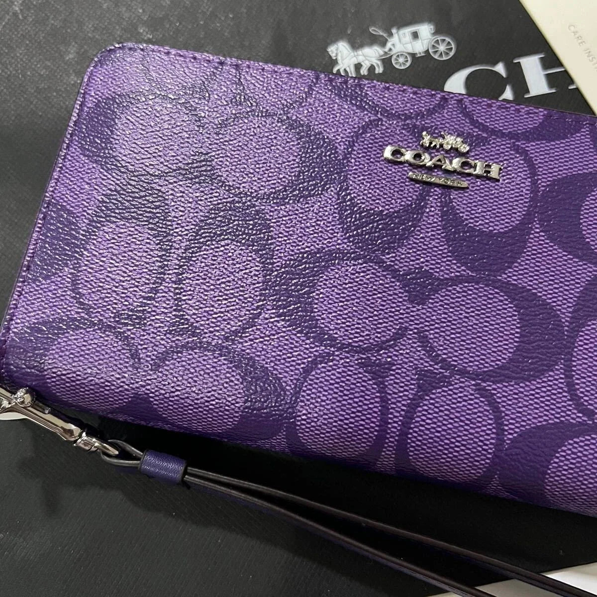 Coach C4452 Long Zip Wallet with Strap Purple Signature New