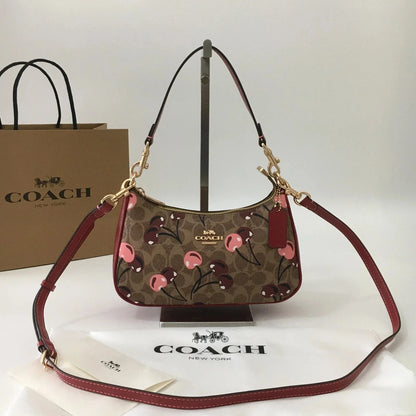 Coach Teri Shoulder Bag CY694 Signature Canvas Cherry Print Tan Brown NWT