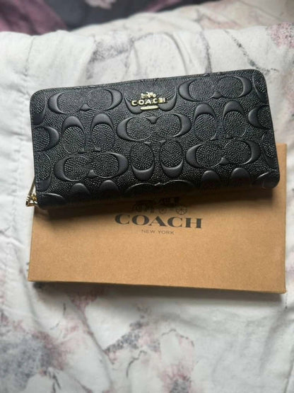 Coach Black Signature C Embossed Zip Around Long Wallet Wristlet NIB