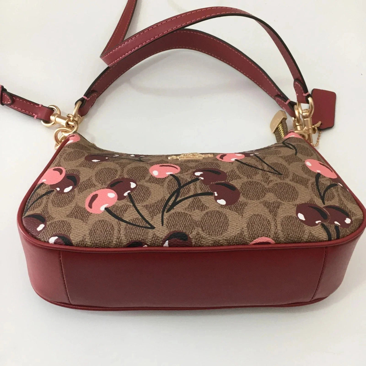 Coach Teri Shoulder Bag CY694 Signature Canvas Cherry Print Tan Brown NWT