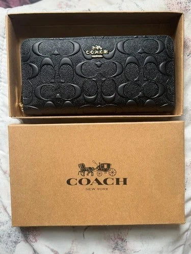 Coach Black Signature C Embossed Zip Around Long Wallet Wristlet NIB